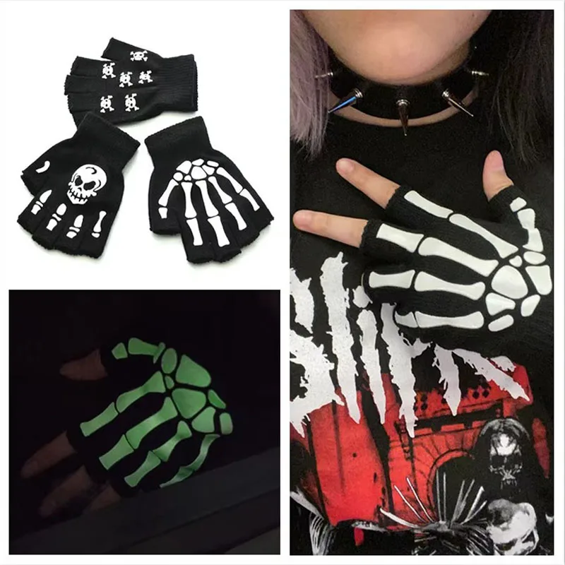 1/3 paar Leucht Schädel Halbe Finger Handschuhe Halloween Rolle Spielen Handschuhe Herbst Winter Warme Gestrickte Handschuhe Elastische fahrrad Handschuhe