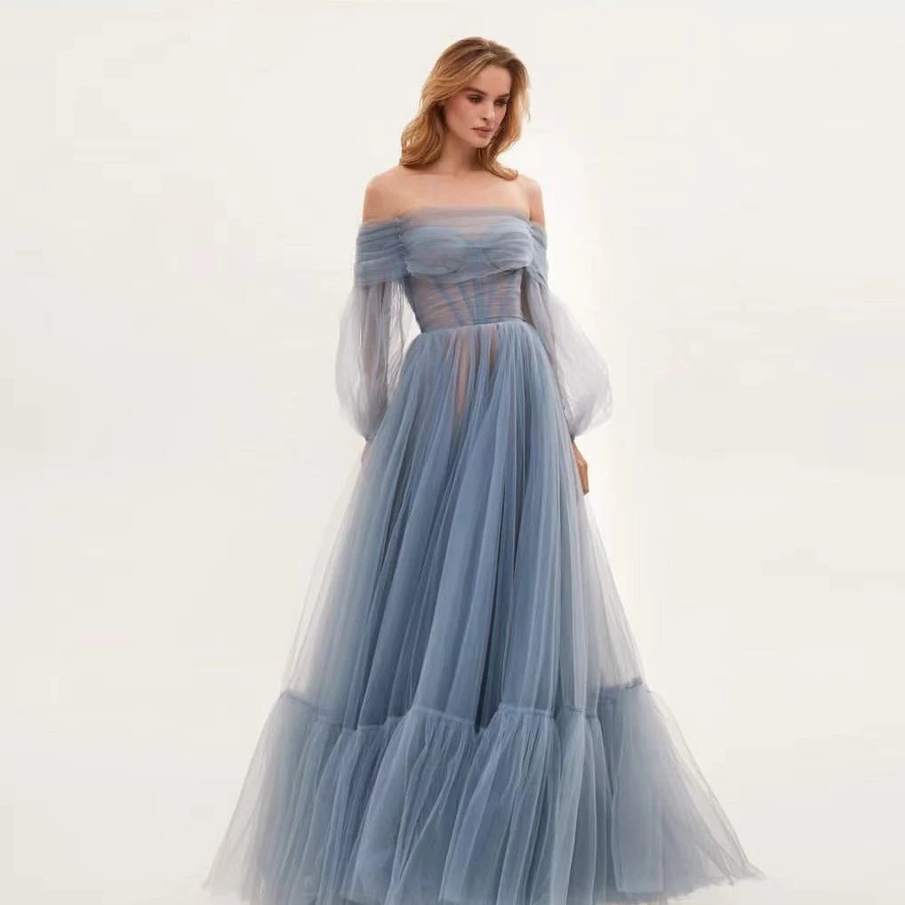 Dusty Blue Tulle Dress Chic Design Full Sleeve Ruffles Party Dresses Women Formal Occasion Dress Backless See Through Custom