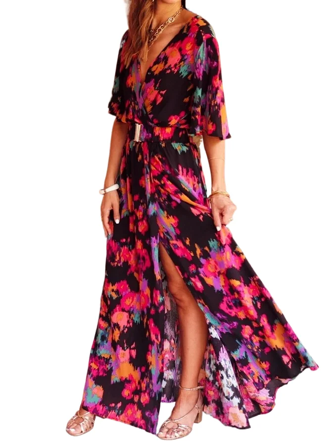 

Sexy V Neck Slit Dress Woman Spring Summer Fashion Elegant Flower Floral Print Short Sleeve Lace Up Dresses For Women 2024
