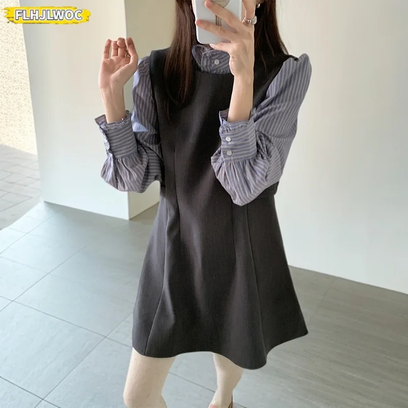 Chic Korea All-Match Outfits Sleeveless Dresses New Year Date Girls Cute Sweet Japan Preppy Style Design Striped Shirt Dress