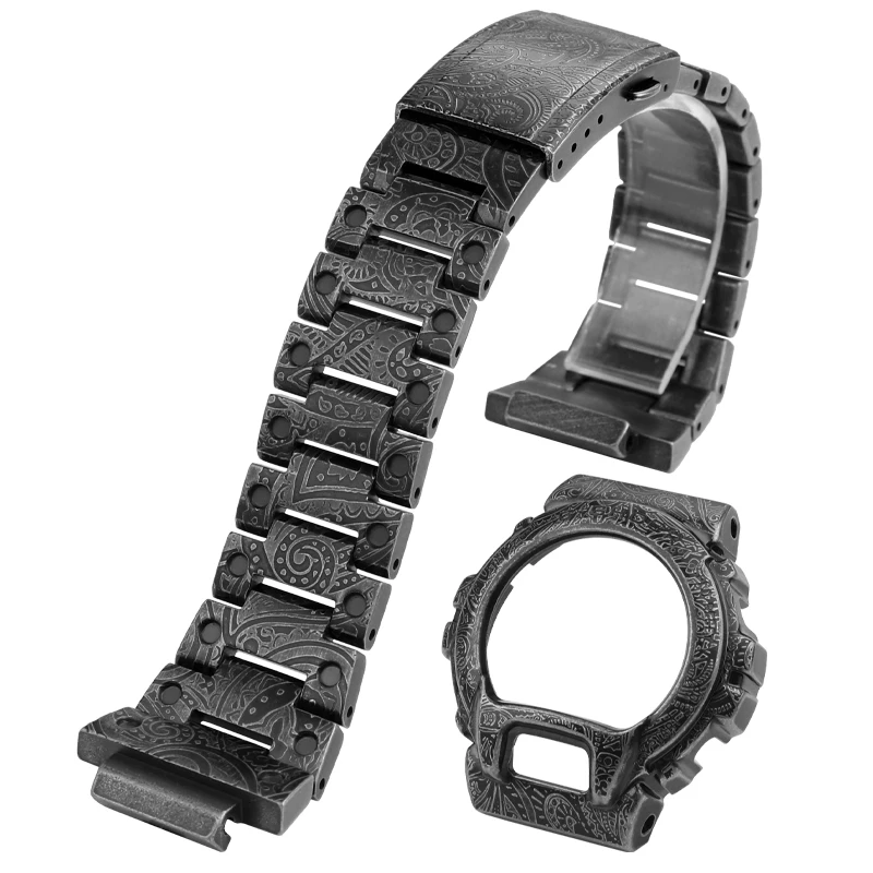 Retro Carved Bezel Watchband for Casio G-Shock DW6900 DW-6903 Metal Watch Case Bezel 316 Stainless Steel Strap Band Bracelet