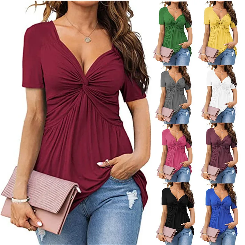 

New Women's V-Neck Front Kink Shirt Short Sleeve Elegant Casual T-Shirt Solid Color Pullover