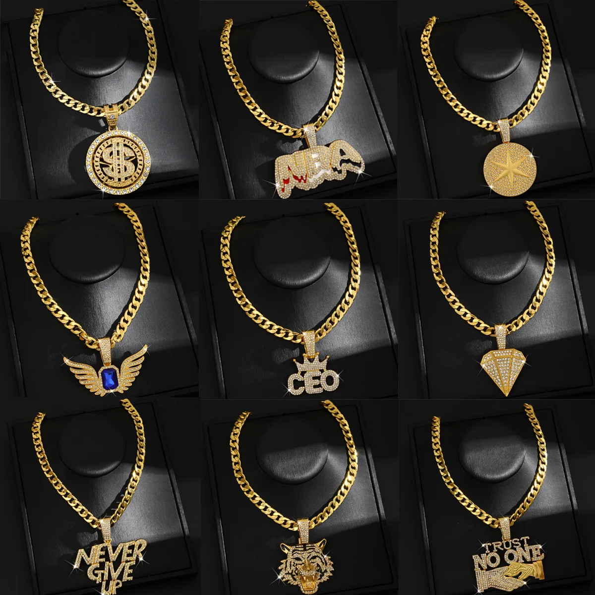 

Hip hop pendant with European and American personality and creativity, versatile alloy full diamond buckle, light luxury necklac