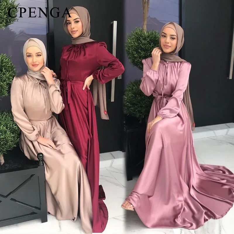 Hijab Satin Dress Ramadan Muslim Fashion Belted Abaya Dubai Turkey Arabic African Maxi Dresses for Women Islam Clothing Robes