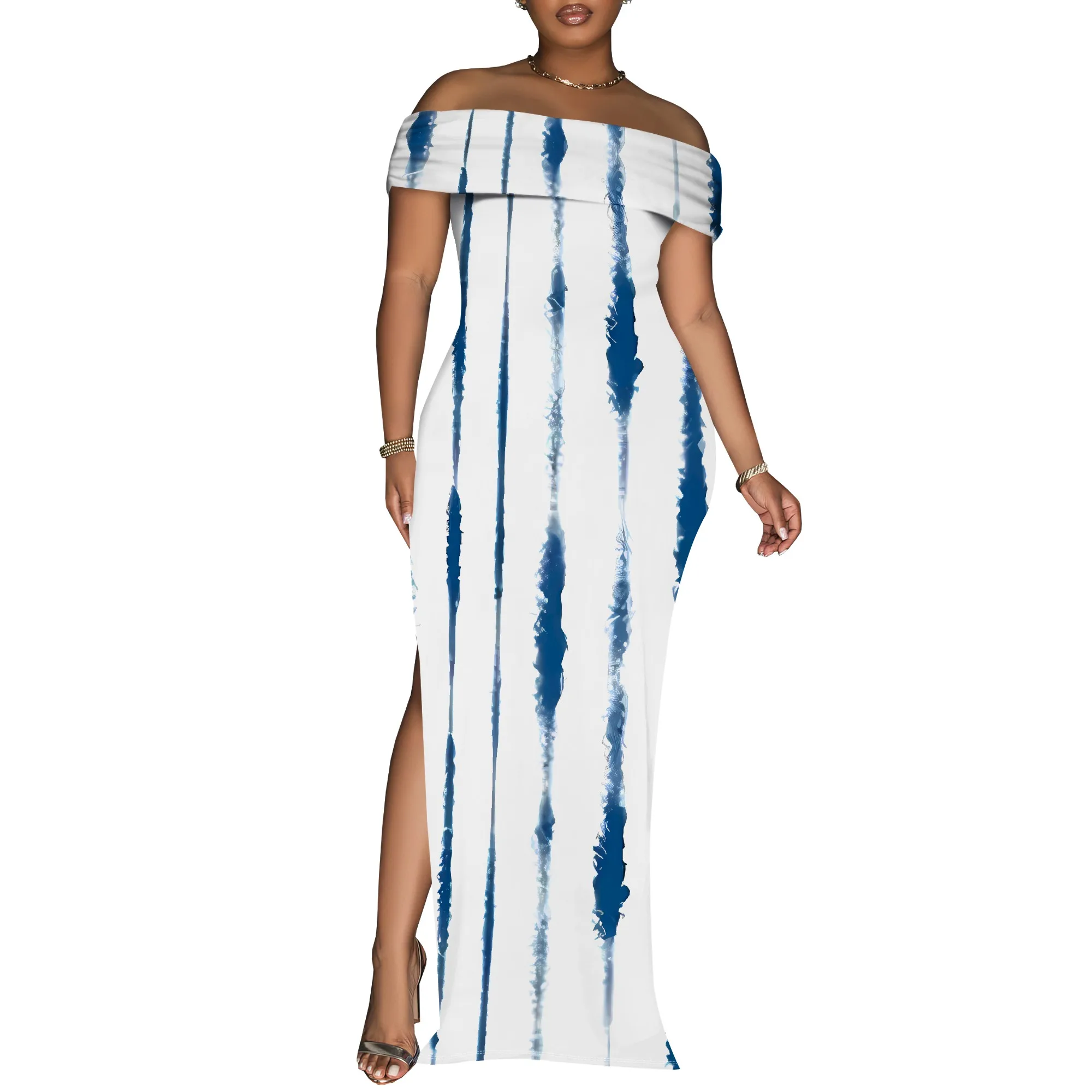 Schulterfreies Maxikleid mit Bambusblatt-Aquarelldruck, Sommer, lässiges Boho-Outfit