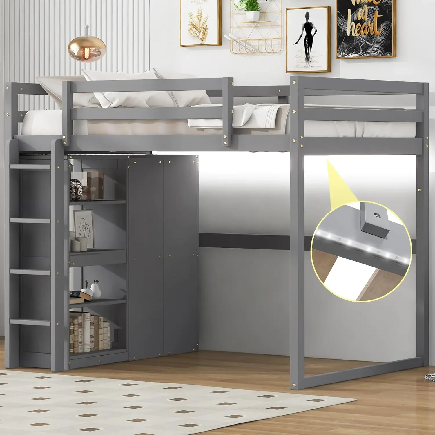 

Harper & Bright Designs Full Size Loft Bed With Storage Shelves & Wardrobe, Wood Full Loft Bed Frame With Led Light For Kids