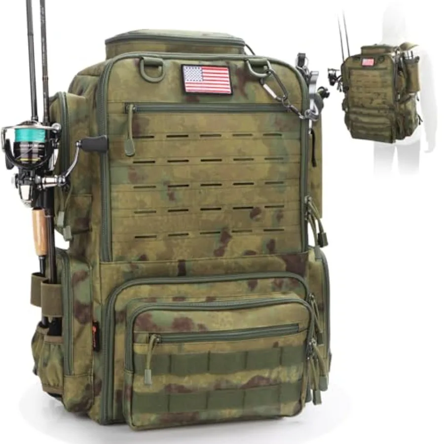 

Fishing Backpack with Rod Holders for 4 Boxes 45L Waterproof Tackle Bag Forest Green Camo Ideal for Men and Women