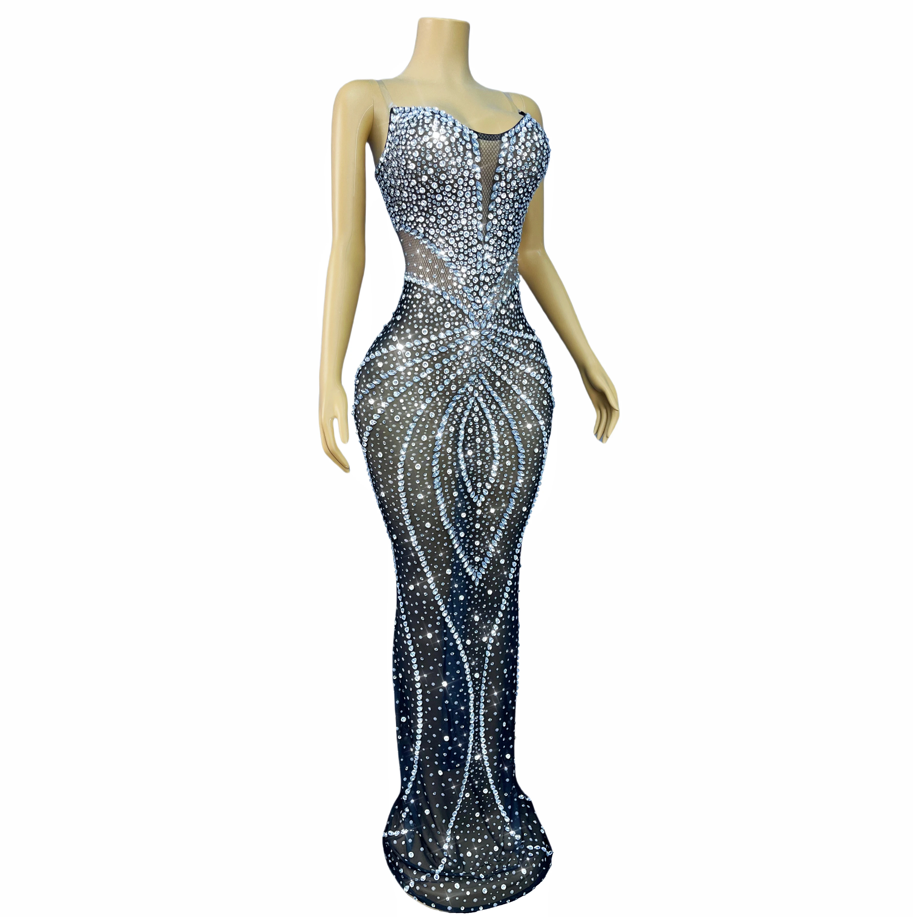 ชุดราตรีผ้าตาข่ายโปร่งประดับคริสตัลระยิบระยับแบบเปิดไหล่ สำหรับงานเลี้ยงตอนเย็น งานพรมแดง ชุดโชว์ ไฮชุยหวัง