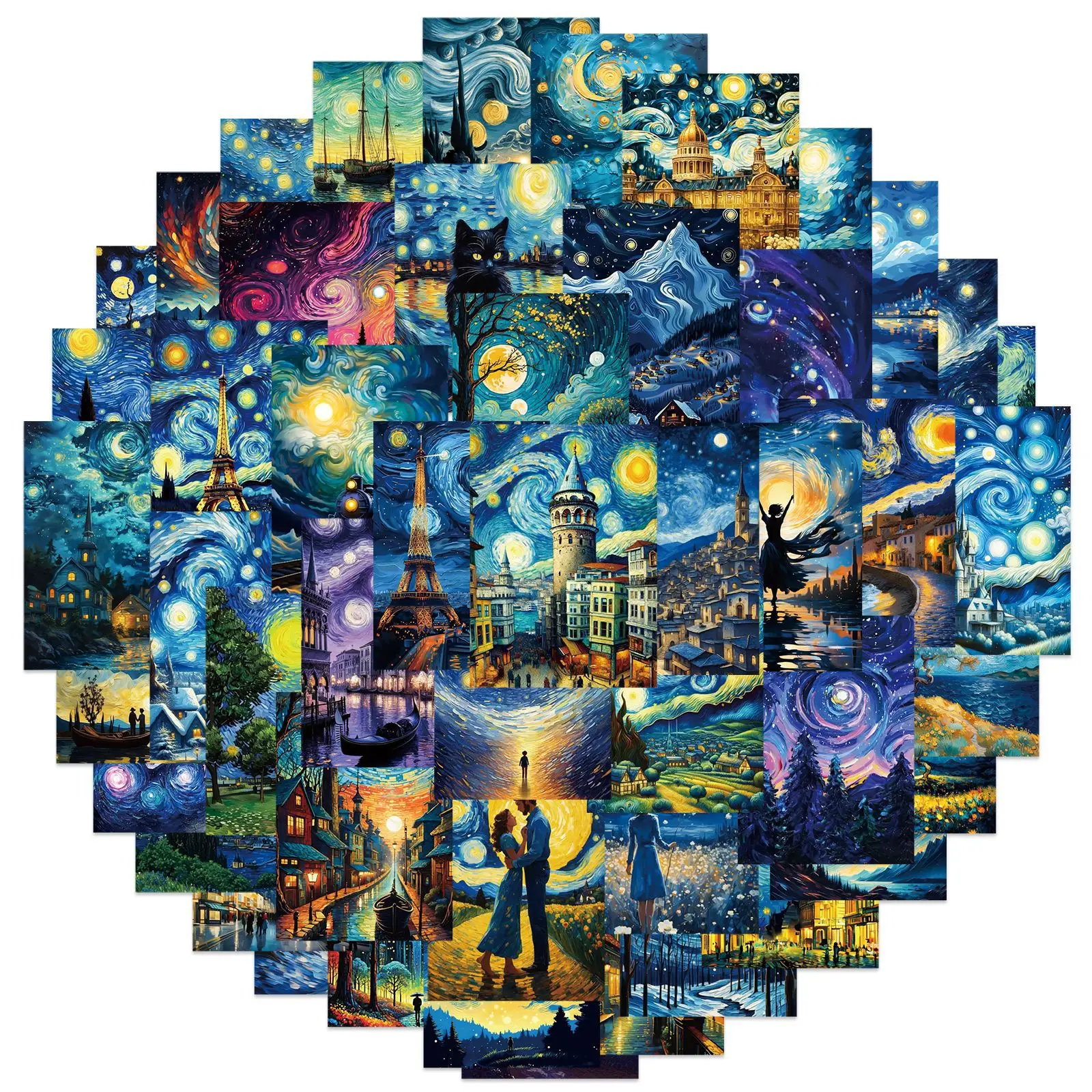 50Pcs Starry Night Oil Painting Graffiti Stickers Non-Repeating Waterproof Decals for Phone Case Tablet PC Case DIY Decor