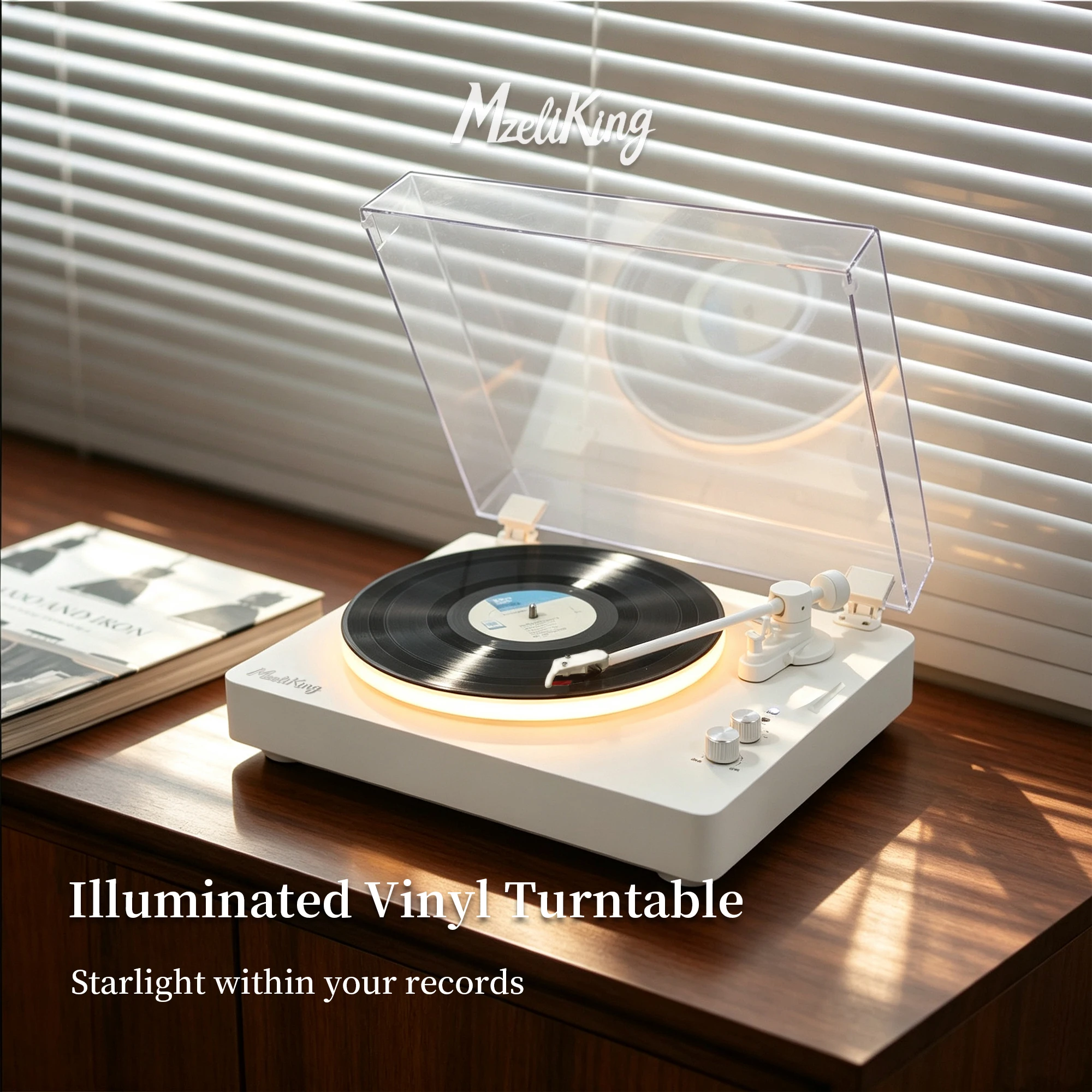 MzeliKing record player with wireless connectivity and illuminated turntable - an atmospheric decorative piece.