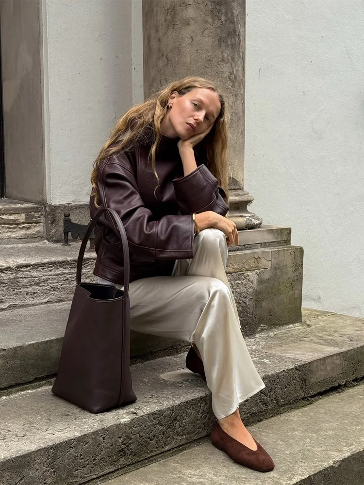 Women Oversized Solid Color Stand Collar Jacket Long Sleeve Retro Leather Loose Outerwear 2026 Women Casual Autumn Daily Coats