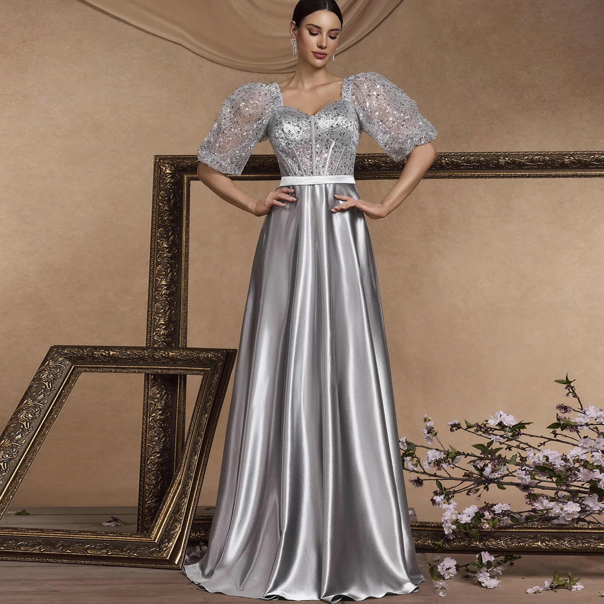 Rosymae Sparkly zilveren formele galajurk met halve mouwen voor dames met zak Queen Anne-hals elegante avondjurk