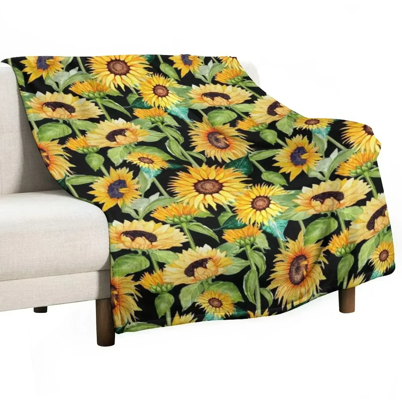 

Sunflower watercolor floral on black Throw Blanket Flannels For Decorative Sofa Camping Blankets