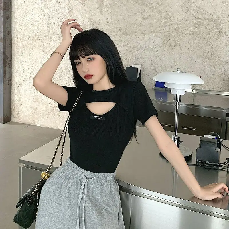 Fake Two-piece Hollow T-shirt Women Summer New Slim Fit Large Size Short Sleeve Black Cropped Tops Female