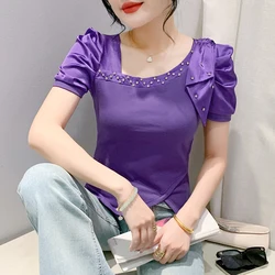 Black Summer Korean Style T-Shirt Chic Sexy Skew Collar Patchwork Diamonds Irregular Women Tops Puff Sleeve Tees 2024 New 462107