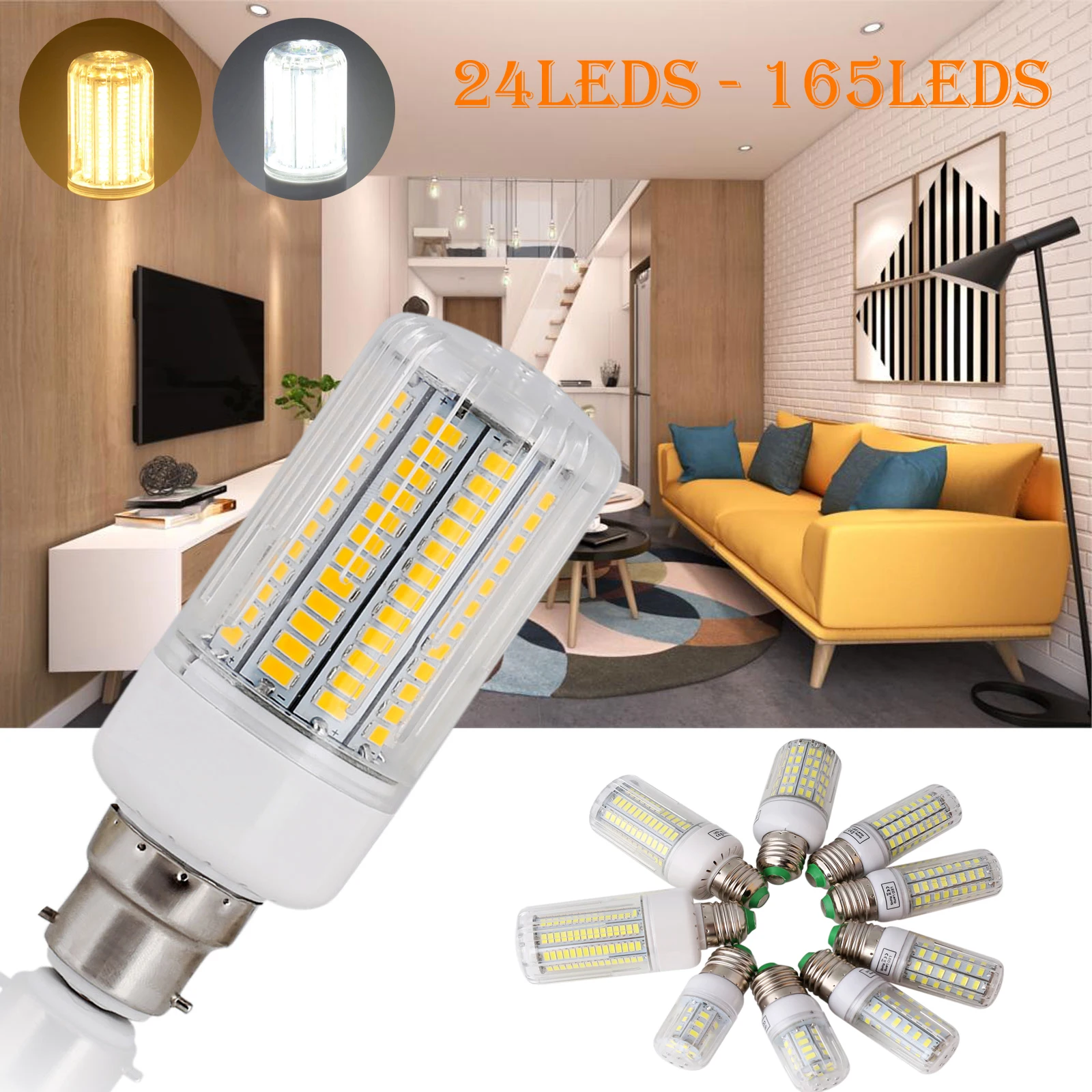 E27 E14 B22 Светодиодные кукурузные лампы 24LEDs - 165LEDs 3000 - 6500K Белые лампы 110V Гостиная люстра замена галогенных ламп 220v