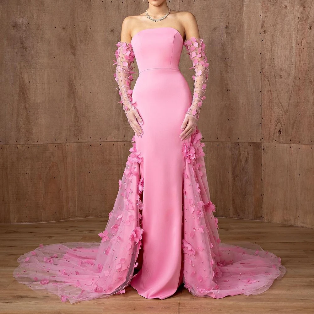 Luxury Appliques Pink Evening Dresses Strapless Chapel Train Floor Length Prom Dress for Elegant Women Without Gloves Vestidos