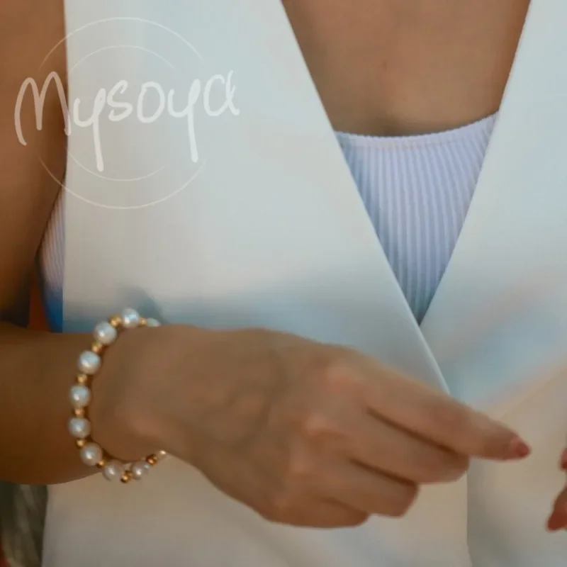 

MYSOYA 8-9 мм браслет из натурального белого пресноводного жемчуга для женщин и мужчин с подарочной коробкой, подарок на день рождения, свадьбу, Рождество, ювелирные изделия