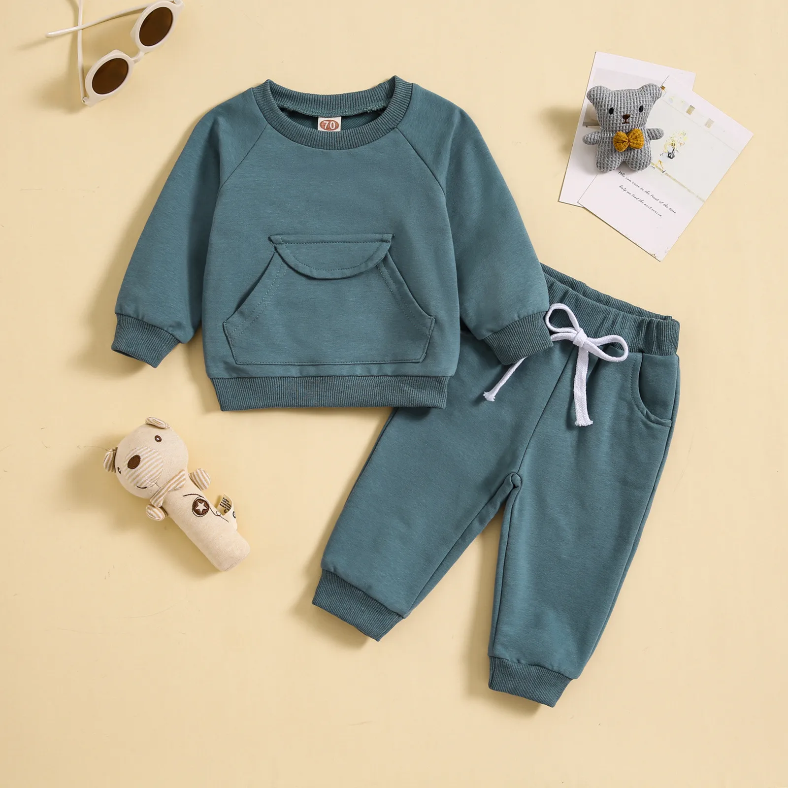 0-3Years Toddler Baby Boys Clothes Sets Fall Outfits Solid Color Crew Neck Long Sleeve Sweatshirts Long Pants 2Pcs Set Tracksuit