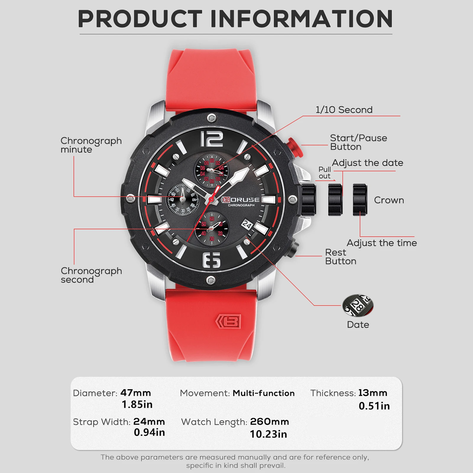 BORUSE Watches for Men Luxury Chronograph Red Silicone Quartz Wristwatch Men Waterproof Luminous Sport Watch