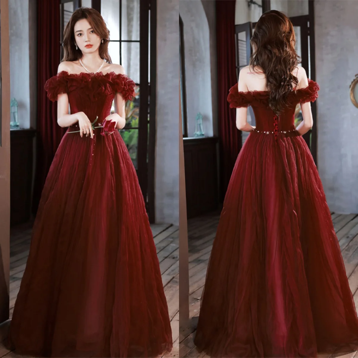 It\'s Yiiya Evening Dresses Burgundy Tulle Off the Shoulder Short Sleeve A-Line Floor-length Plus size Women Party Formal Gowns