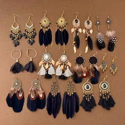Black Series Bohemian Vintage Ethnic Dangle Earrings for Women Lady Elegant Long Tassel Feather Earring Female Jewelry