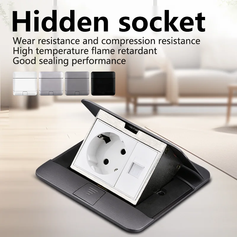 Pop Up Floor Socket Hidden Type EU/FR/US/UK Power Outlet Stainless Steel Electrical Switches for Home Office Table 120x120mm