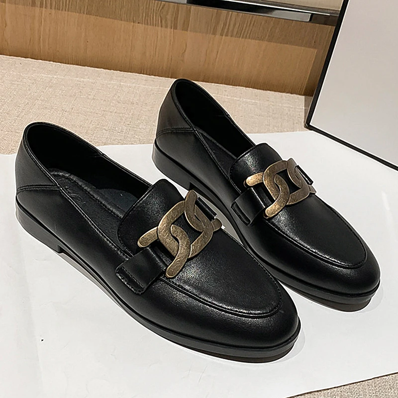 Black Leather Flat Loafers Soft Designer Women Shoes Driving Shoes Walking Shoes Student Shoes