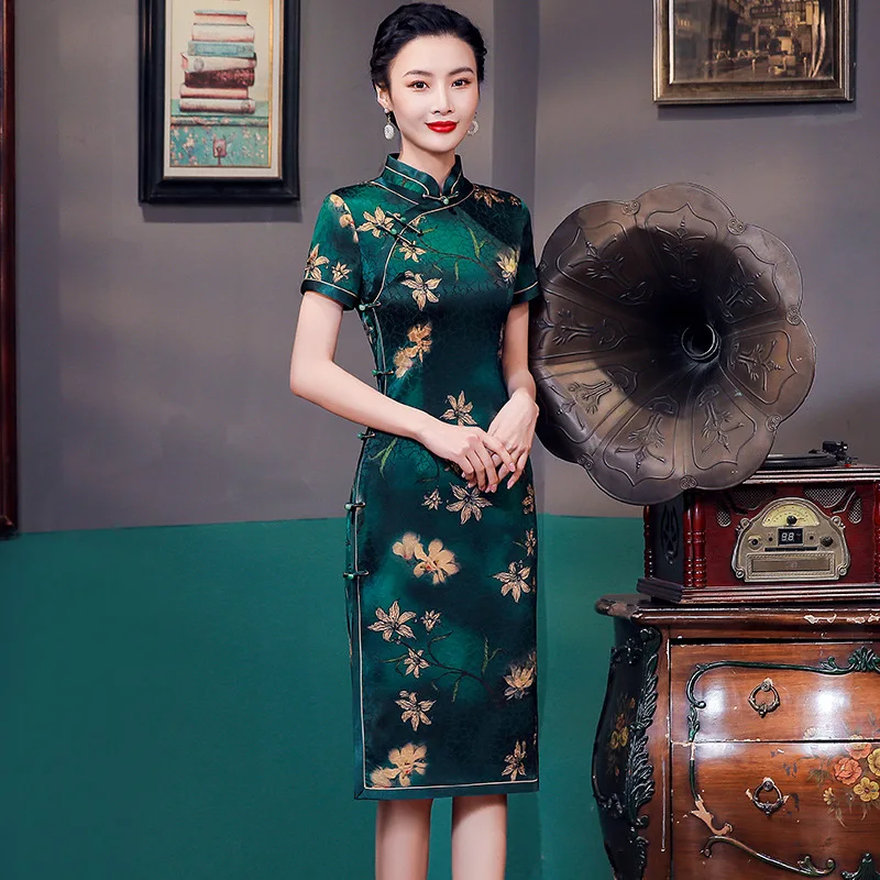 High Quality Real Silk Gambiered Guangdong Cheongsam Qipao Mid-Length Mother Daily Dress 2024 Spring and Summer New Retro