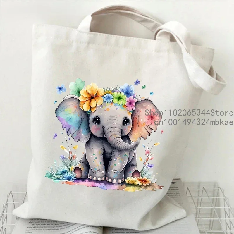 1 unidad de bonitos bolsos de mano con elefante de acuarela para mujer, bolso de compras Vintage de dibujos animados Harajuku, bolsos de hombro con