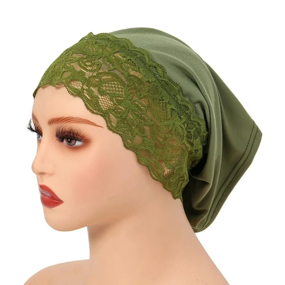 

Comfortable Fit Elegant Hijab Cap Lace Edge Solid Color Pullover Hat Breathable Soft Undercap Women Headwear