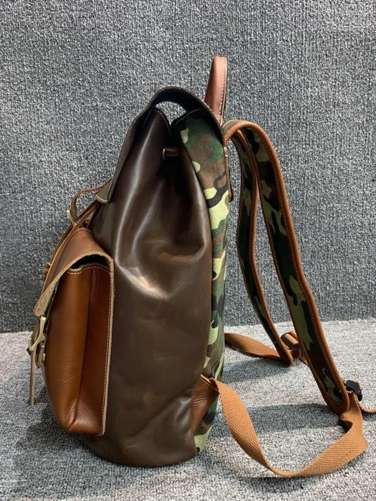 Borsa da viaggio Vintage da uomo di grande capacità Multi tasche zaino in vera pelle di vacchetta zaino Unisex a doppia spalla