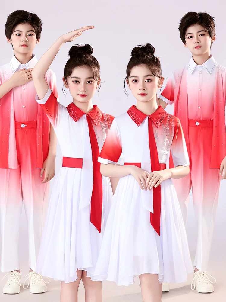 

Красный патриотический костюм для выступлений, детский хоровой наряд, форма для школьников для декламации стихов и церемоний