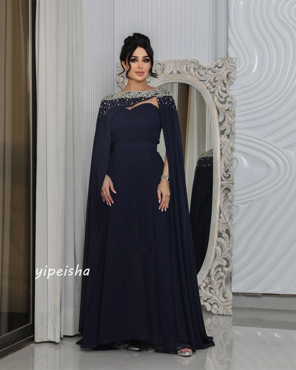 Ball Dress Evening Saudi Arabia Chiffon Beading Draped Pleat Birthday A-line Boat Neck Bespoke Occasion Gown Long Dresses