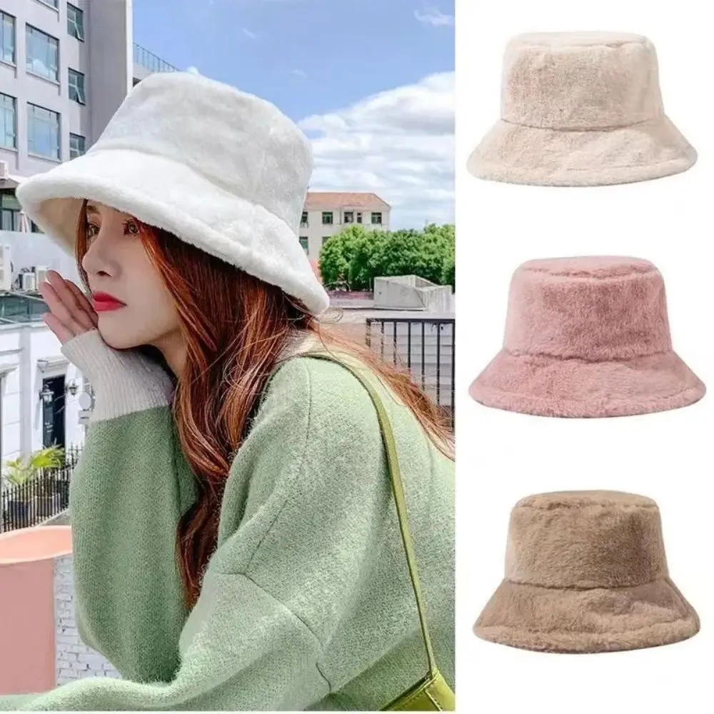 

Windproof Wool Bucket Hat Korean Style Solid Color Women's Hat Ear Protection Imitation Fur Warm Fisherman Hat Ladies