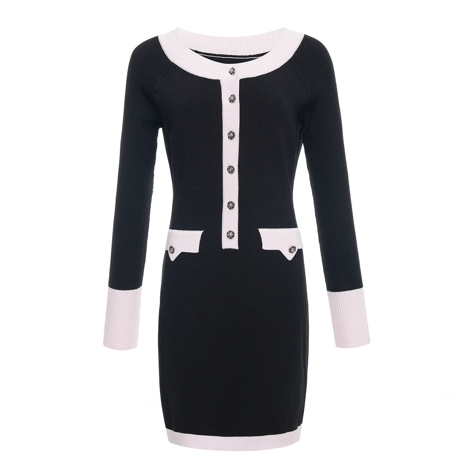 ZJYT 여성 대비 색 니트 스웨터 드레스 긴 소매 슬림 Bodycon 칼집 미니 파티 드레스 봄 2025 패션 가운
