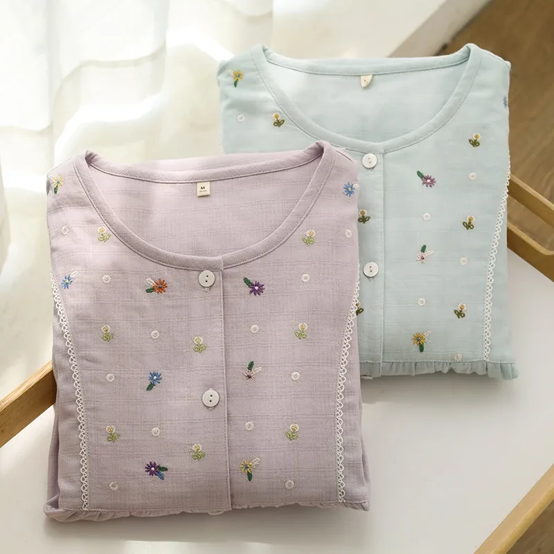 

Женский высококачественный хлопковый пижамный комплект с вышивкой, тонкий дышащий комплект на весну и лето, топ с короткими рукавами и круглым вырезом, брюки