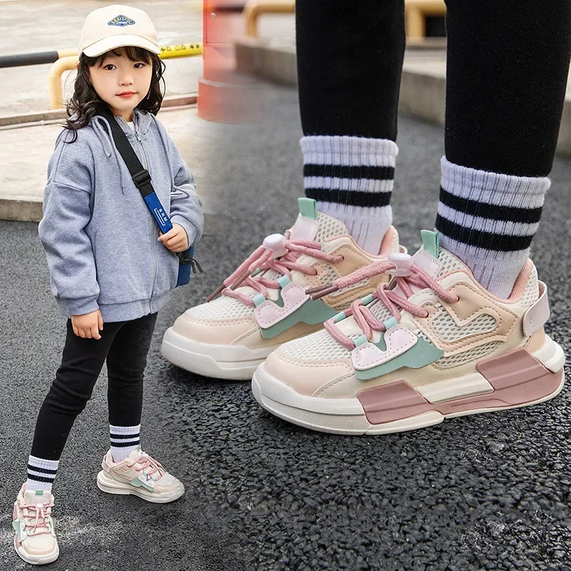 2023 Spring Children Girl Pink Shoes Autumn Mesh Breathable Kids Sneakers for 5-18 Yrs Boy Lightweight Running Shoe Walking Soft