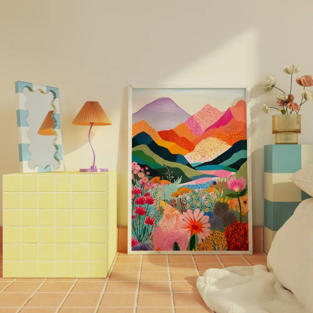 Abstract Mountain Art,Colorful Wall Art,Patchwork Illustrations,Landscape Flowers,Living Room Printing Frameless Canvas Painting