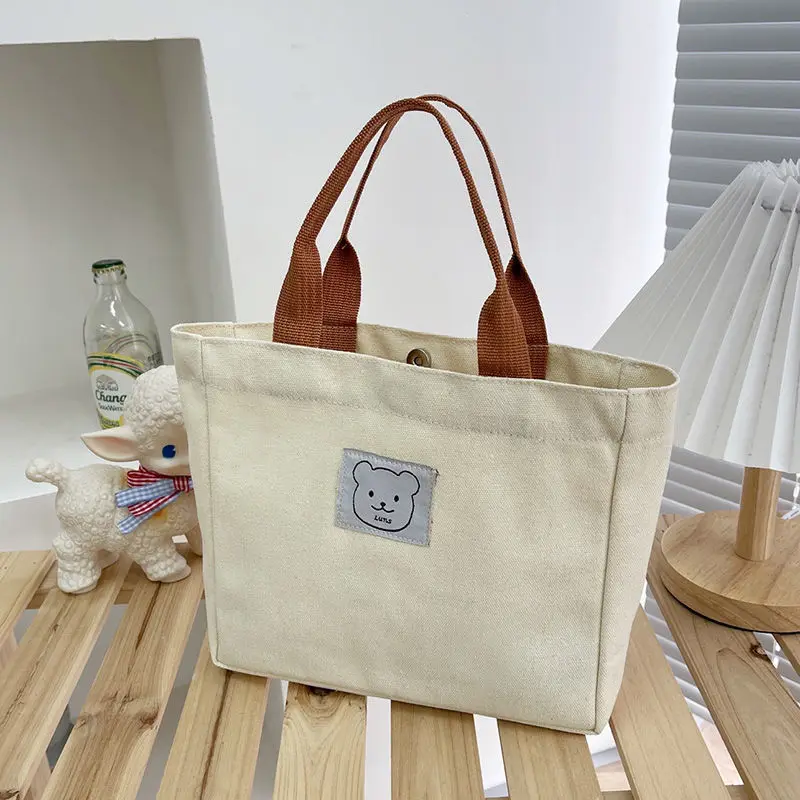 Casual Student Canvas Tote Bag Cartoon Bear Larger Capacity Handbag Women Simple Work Mini Lunch Bags