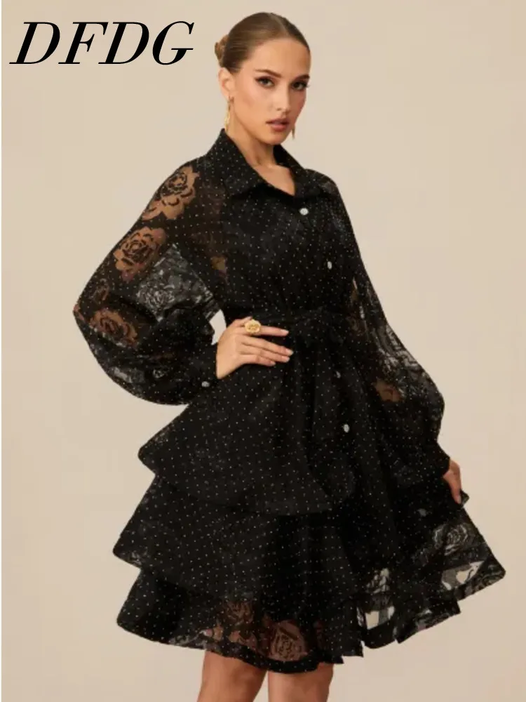 

DFDG Women's Spring Summer Polka Dot Lace Sleeve Front Tiered Midi Dress Casual Vacation Date 2026 Trendy Feminine Fashion Dress