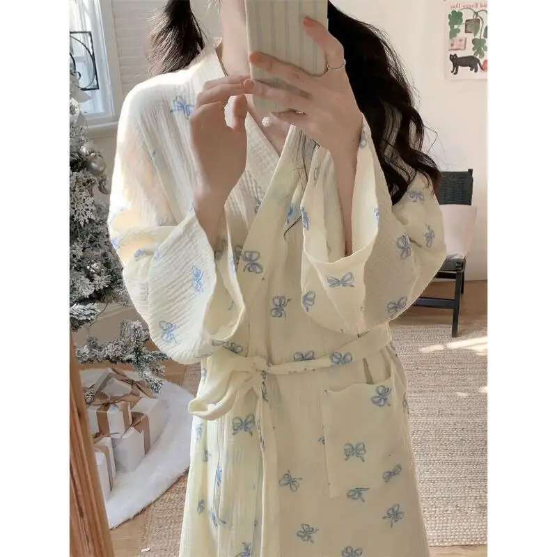 

Women Robe Spring Autumn Nightwear Pajamas Student Nightgown Long Sleeves Kimono Bathrobe Gown Female Loungewear Dress New Style