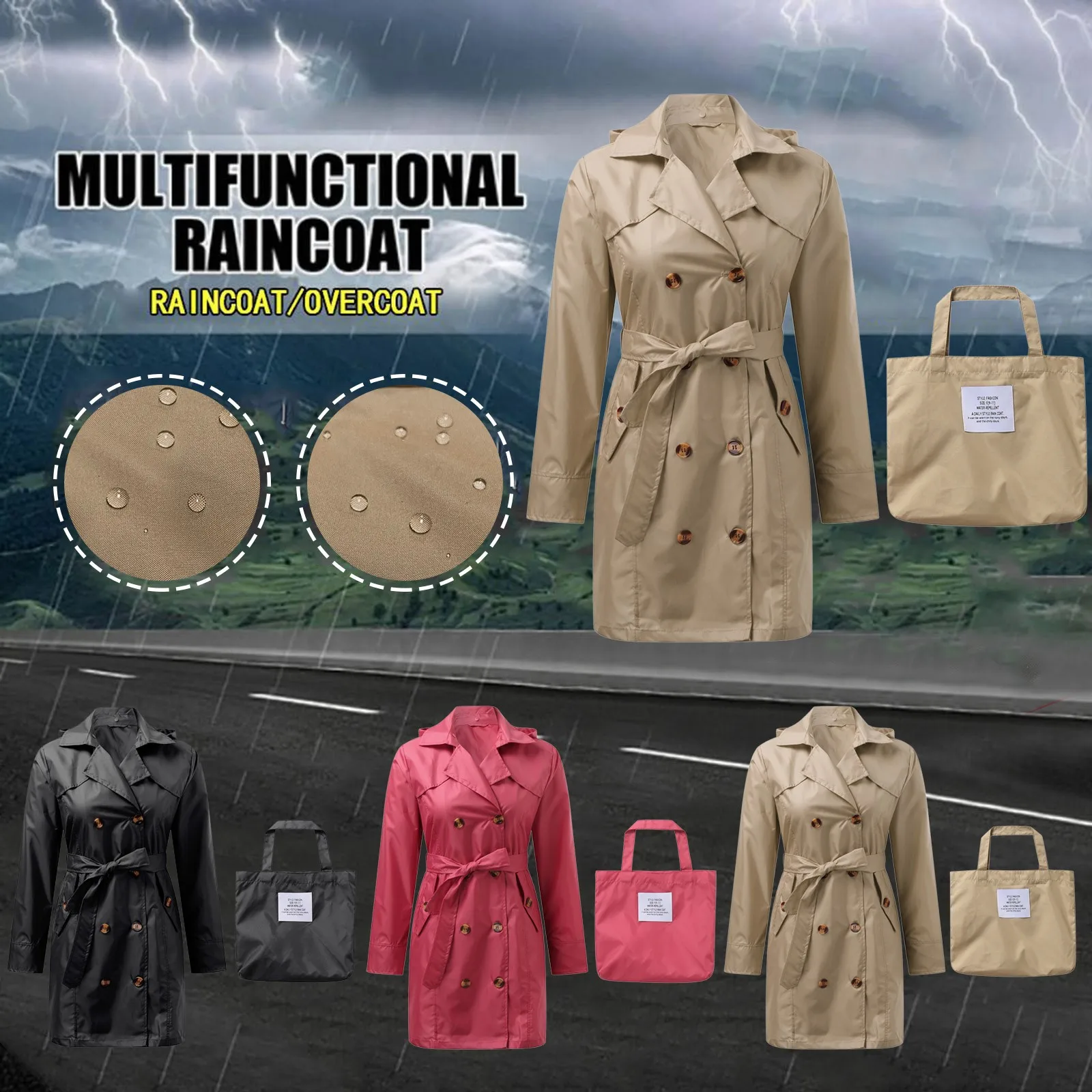 Chubasquero impermeable con capucha para mujer, abrigo de lluvia portátil de Color sólido con cremallera, Poncho largo, cubierta de chaqueta de lluvia para exteriores