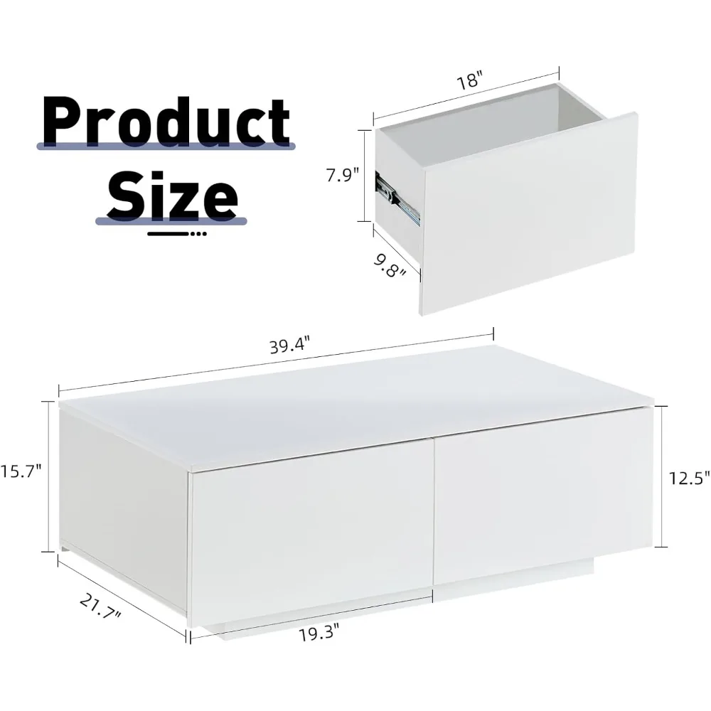 Coffee Table with 4 Drawers, LED Lights & Power Strip Modern Minimalist Rectangle Coffee Table for Home Living Room Office (Whi