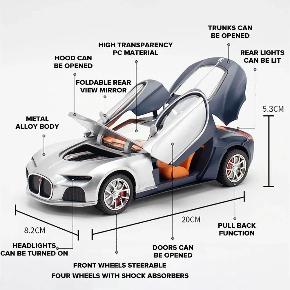 1:24 부가티 아틀란틱 슈퍼카 다이캐스트 합금 자동차 모델, 소년 어린이 장난감 차량, 소리와 빛 장난감