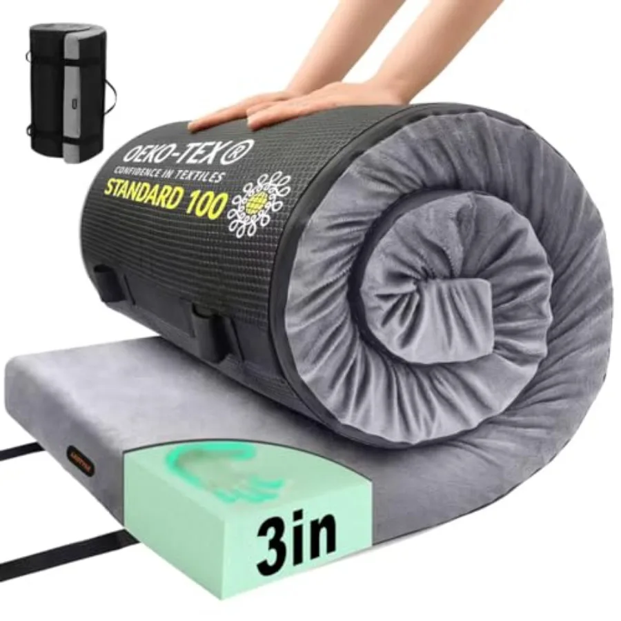 

Memory Foam Camping Mattress Pad, 3 Inch Sleeping Pad for Camping, Portable Roll Up Cot Mattress for Adults, Thick Sleeping Mat