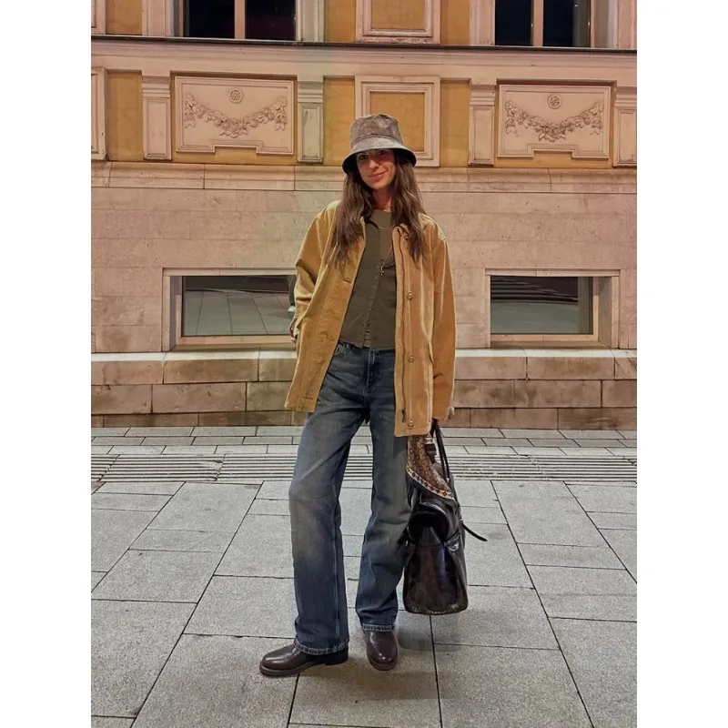 

Женская повседневная замшевая куртка с отложным воротником, однобортная, с длинными рукавами, свободного кроя, для города и на каждый день, 2026