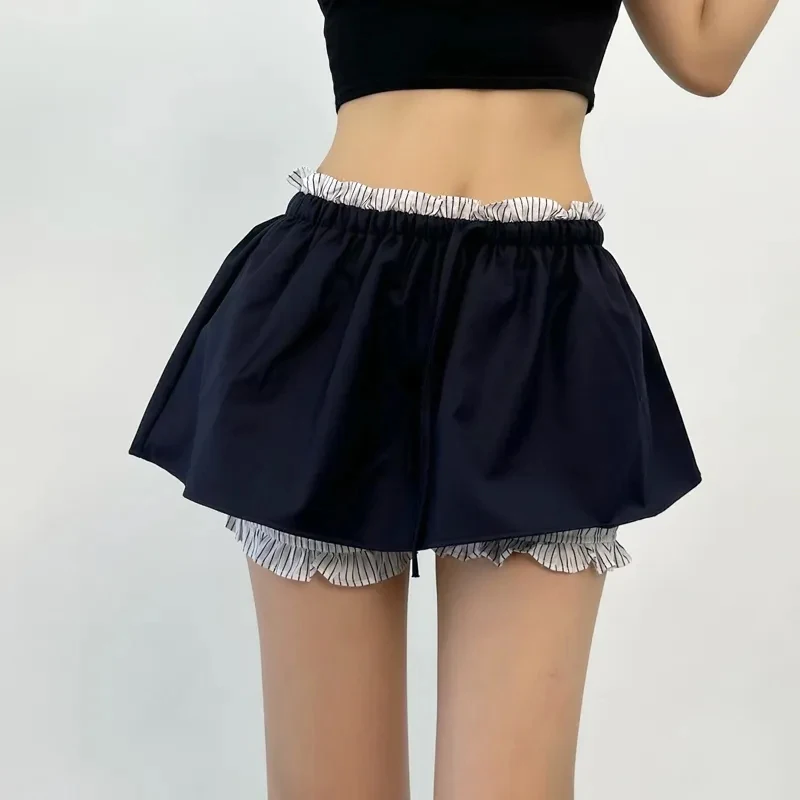 

Stylish Mock Two-Piece Mid Rise Striped Panel Frill Trim Mini A-Line Skort Fashion Shorts