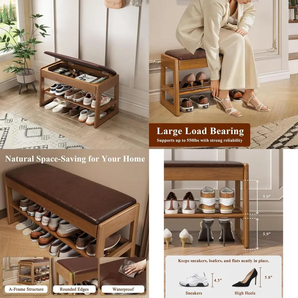 

Mid-Century Modern 2-Tier Wooden Shoe Rack Bench with Rubberwood Construction, 550lbs Capacity, Ideal for Compact Entryway and H