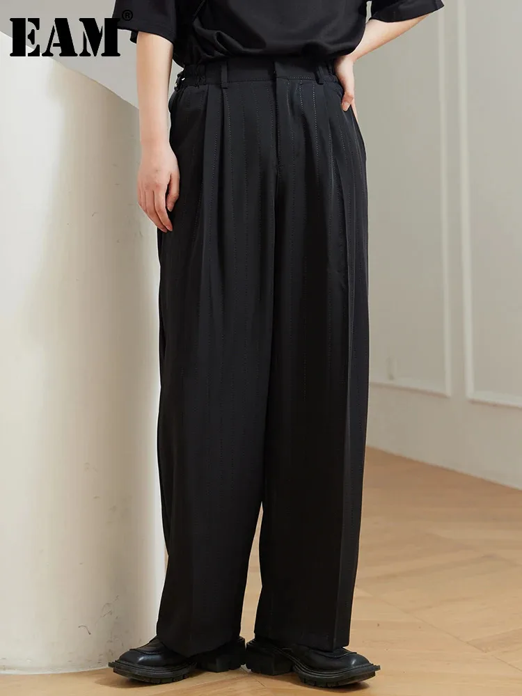 

[EAM] High Waist Black Striped Pleated Casual Long Pants New Loose Fit Trousers Women Fashion Tide Spring Autumn 2024 1DH0074